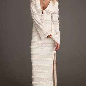 12th tribe Ivory Lace Knit Maxi Dress with Side Slit